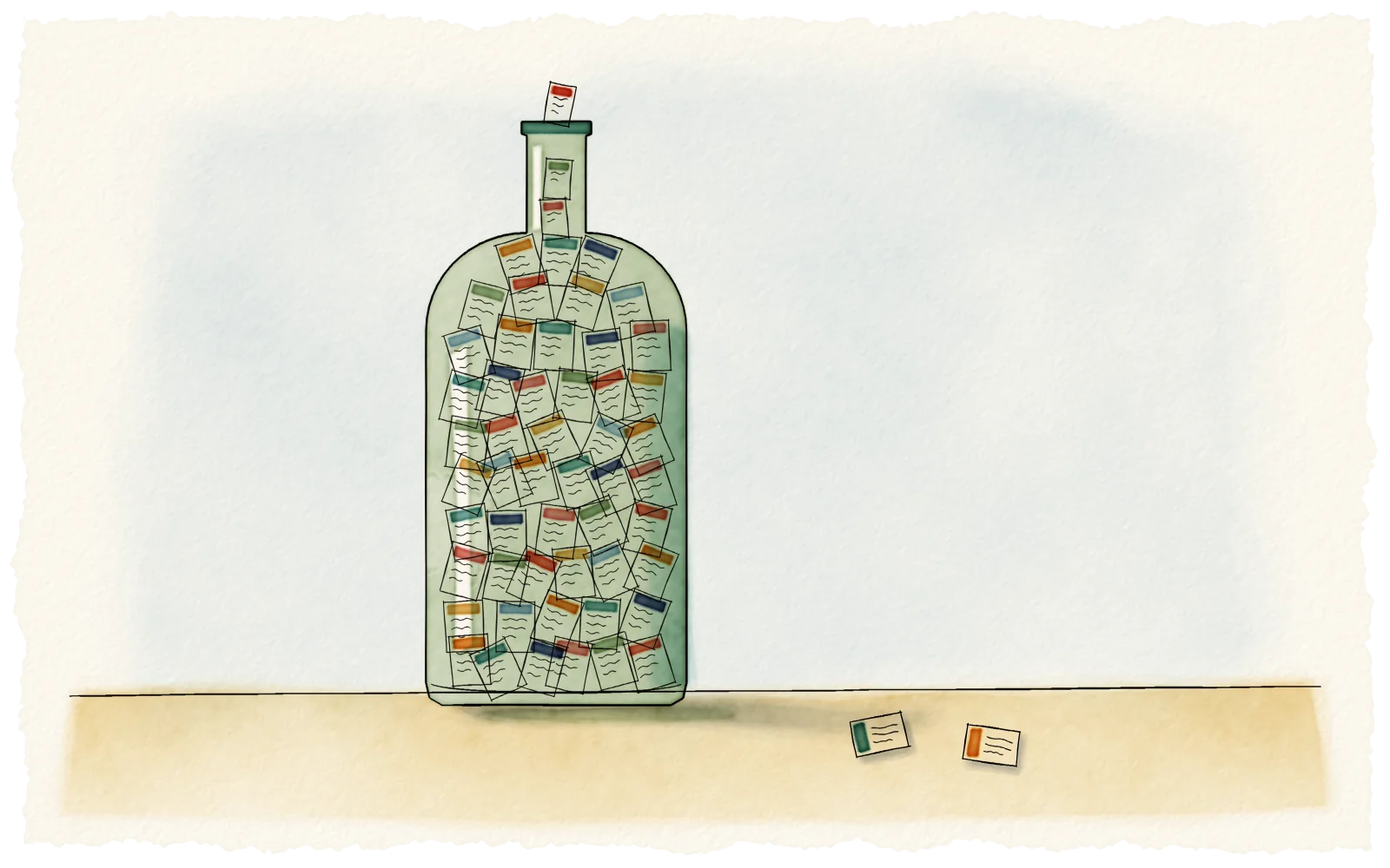 A watercolour of a green glass bottle packed with paper order tickets, a single ticket squeezing out through the narrow neck.