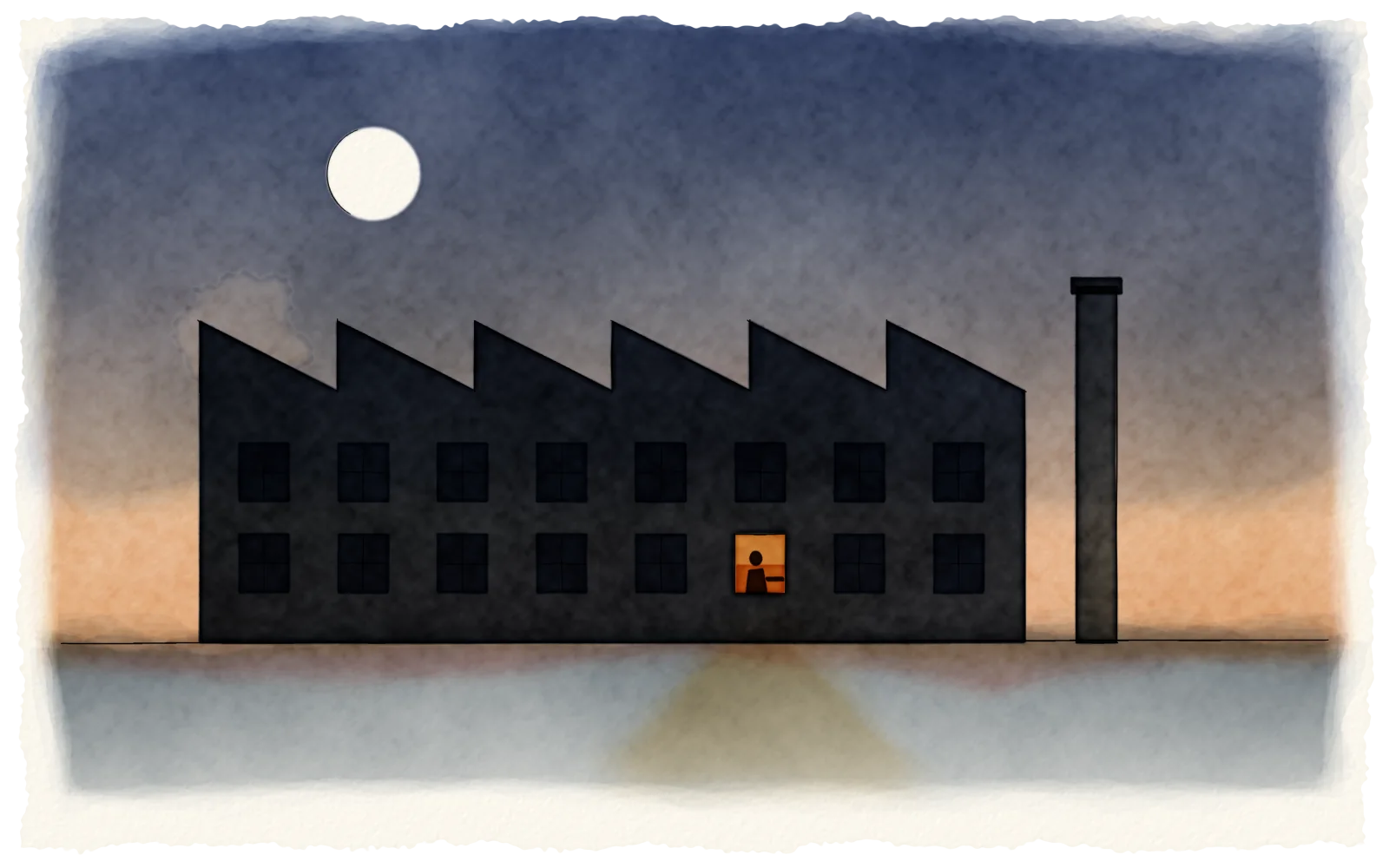 A watercolour of a sawtooth-roofed factory at dusk with every window dark except one, where a single person sits at a desk in warm light.