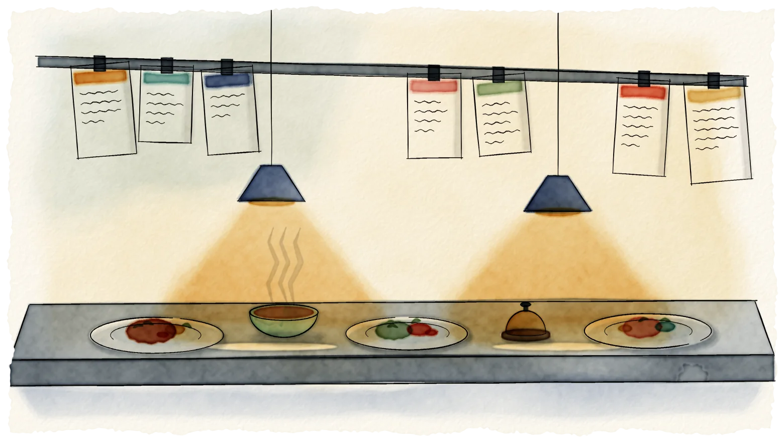 A watercolour of a restaurant kitchen pass: order tickets clipped along a rail, two lamps glowing over plated dishes, a steaming bowl and a brass service bell.