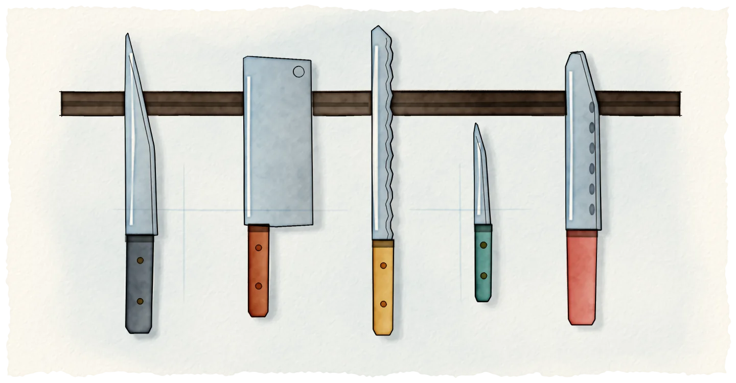 A watercolour of five different kitchen knives on a magnetic strip: a chef’s knife, a cleaver, a bread knife, a paring knife and a santoku.