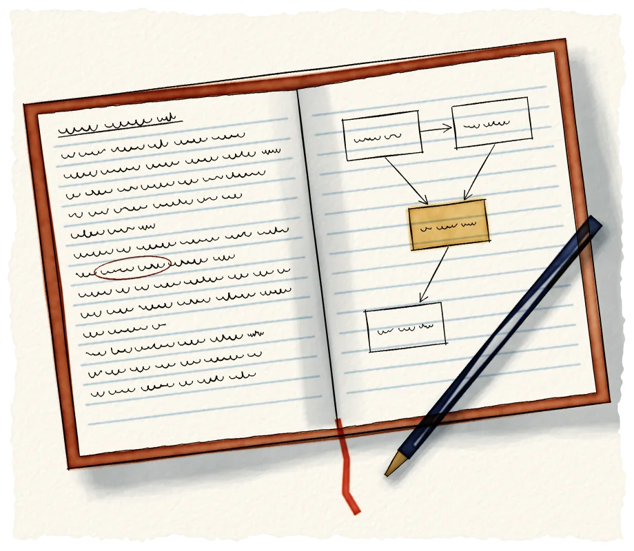 A watercolour of an open paper notebook with handwritten lines, a pen resting across it.