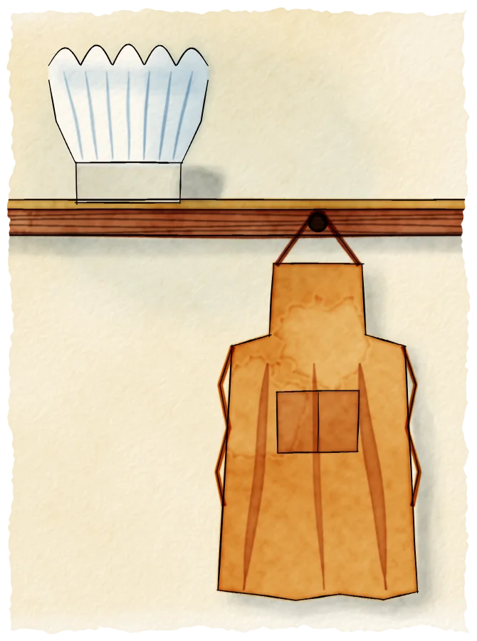 A watercolour of a white chef’s toque on a wooden shelf and an amber apron hanging from a peg beneath it.