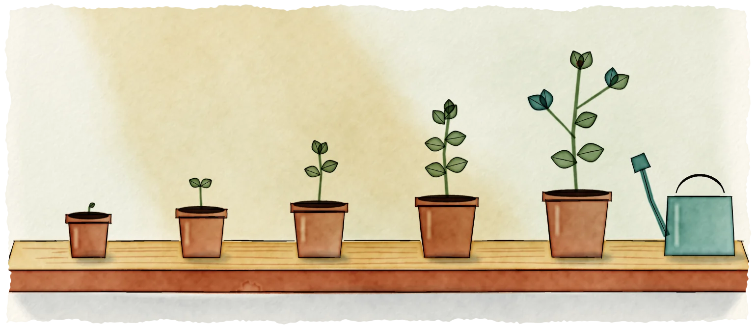 A watercolour of a potting bench: terracotta pots in a row, each with a seedling at a different stage of growth, from a sprout to a young plant, and a watering can beside them.